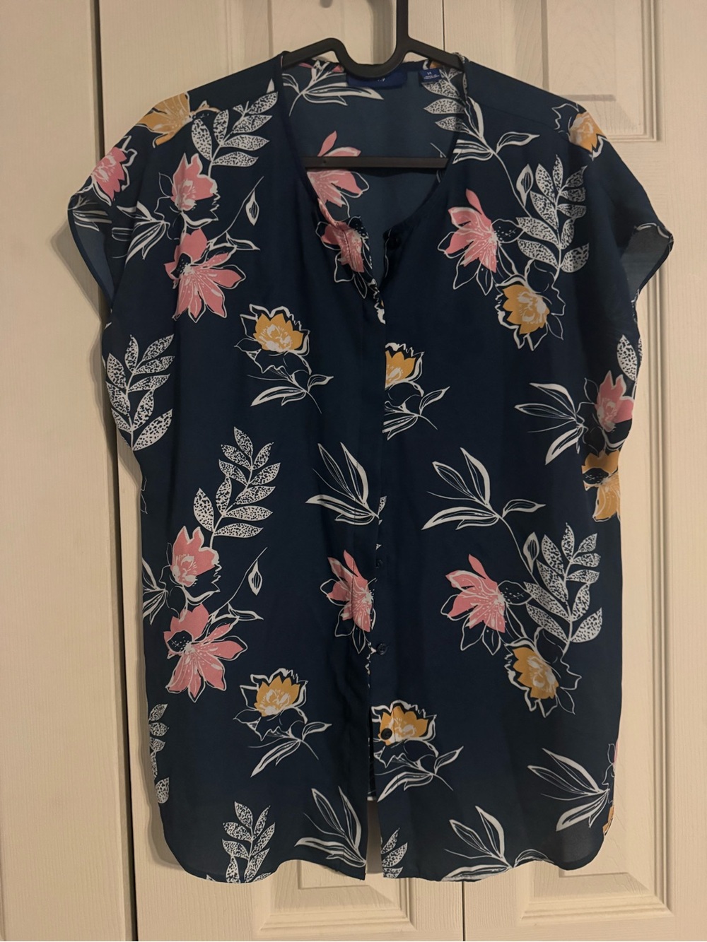 Apt. 9 Navy Floral Button-Front Blouse with Pink and Mustard Flowers